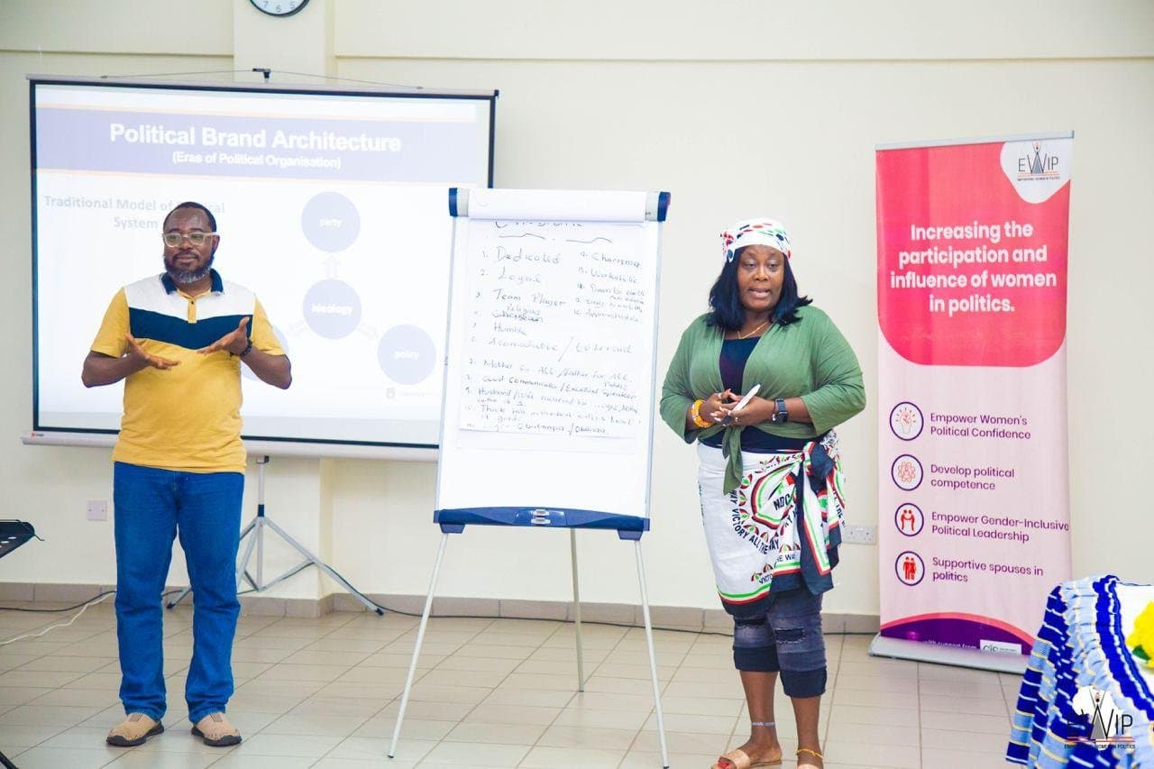Prof. Kobby Mensah and a panellist presenting on political brand architecture at an EWiP workshop